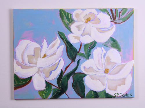 Stephanie Patton Jones painting of magnolia flower with blue background